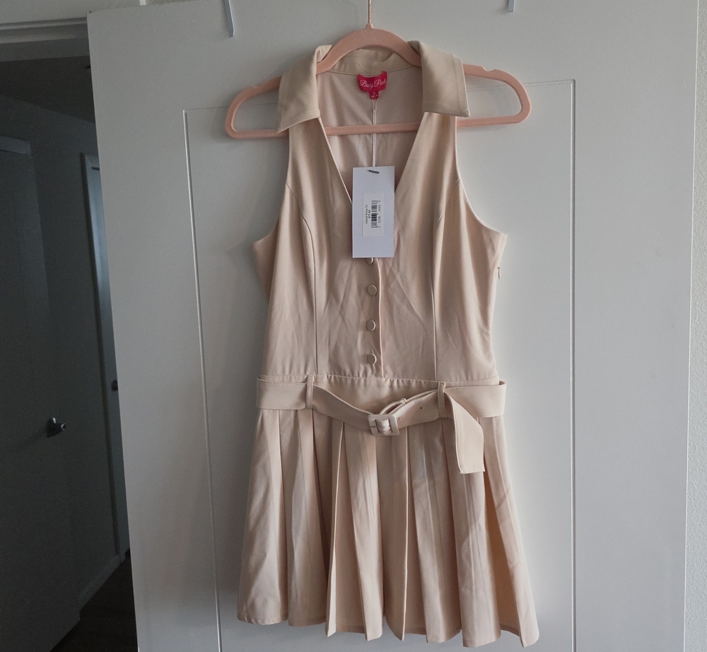Girls Cream Sleeveless Pleated Dress with Collar and Belt